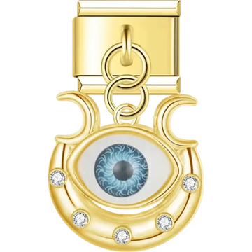 Gold dangling charm featuring a blue evil eye framed by crescent moon shapes and crystal accents Italian charm bracelet link