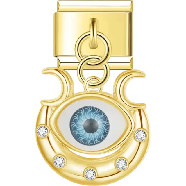 Gold dangling charm featuring a blue evil eye framed by crescent moon shapes and crystal accents Italian charm bracelet link