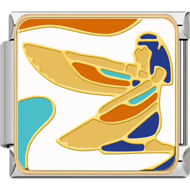 Gold and blue Ma’at kneeling with outstretched wings highlighted with orange and turquoise accents on a white background symbolizing truth and balance in ancient Egyptian mythology Italian charm bracelet link