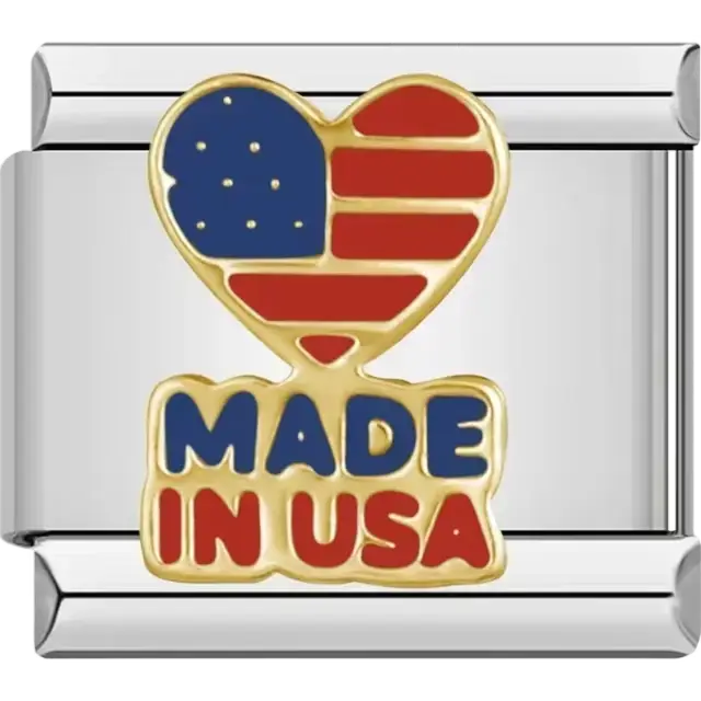 Gold heart with American flag design and "Made in USA" text Italian charm bracelet link