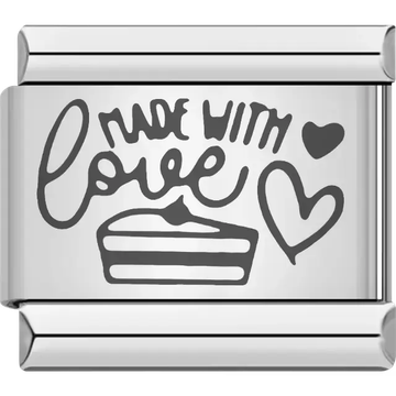 Black "Made with Love" text with heart and cake slice design Italian charm bracelet link