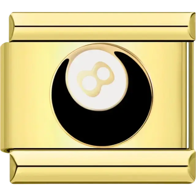Black and gold magic 8 ball design on a circular background Italian charm bracelet link