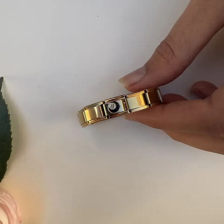 Black and gold magic 8 ball design on a circular background Italian charm bracelet link