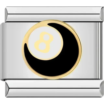 Black and gold magic 8 ball design on a circular background Italian charm bracelet link