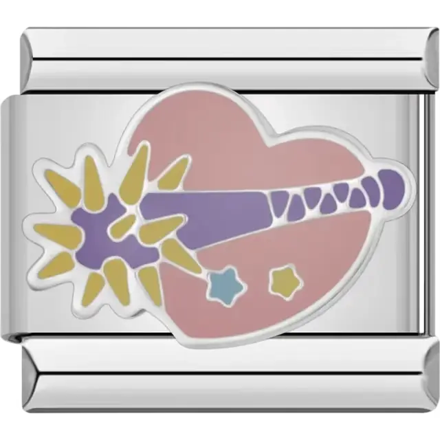 Pink heart with a purple magic wand and twinkling stars Italian charm bracelet link