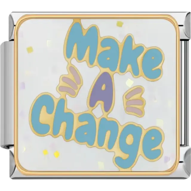Blue, gold, and purple "Make a Change" text Italian charm bracelet link