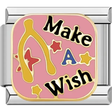 Gold wishbone with stars and "Make A Wish" text on pink background Italian charm bracelet link