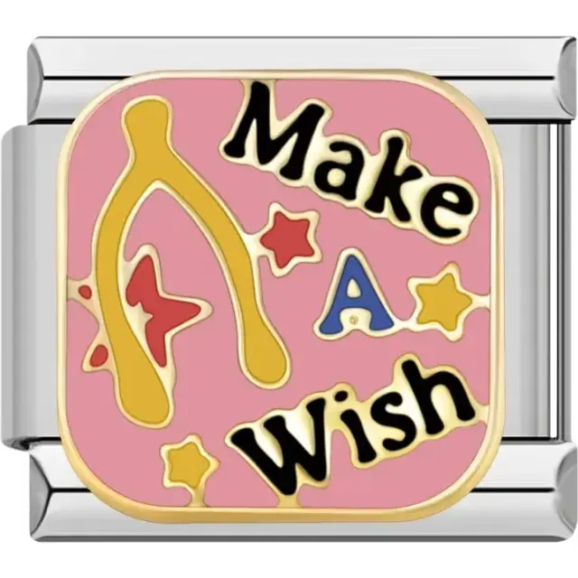 Gold wishbone with stars and "Make A Wish" text on pink background Italian charm bracelet link