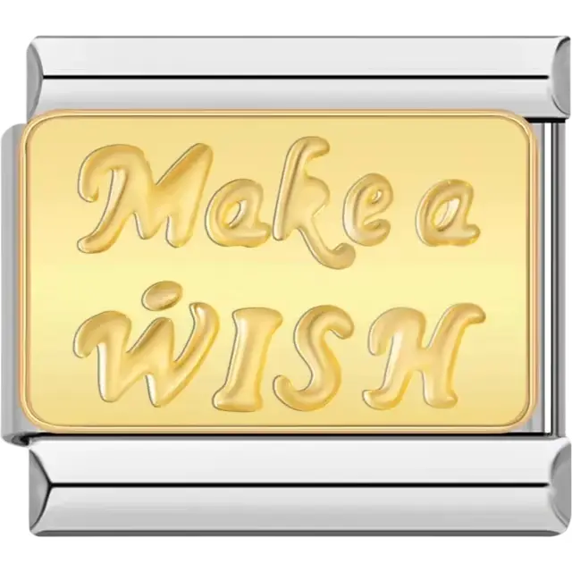 Gold-tone "Make a Wish" text design with elegant lettering Italian charm bracelet link