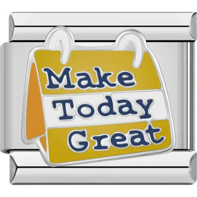 Inspirational "Make Today Great" text design in blue and white on a gold calendar-style background Italian charm bracelet link
