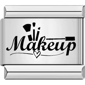 Makeup-themed design with a mascara wand, lipstick, and brushes alongside a heart accent Italian charm bracelet link