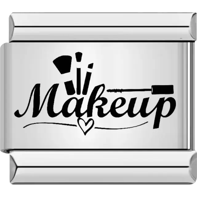 Makeup-themed design with a mascara wand, lipstick, and brushes alongside a heart accent Italian charm bracelet link