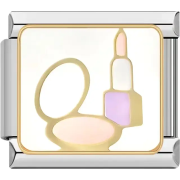 Gold makeup set design featuring a mirror, compact, and lipstick Italian charm bracelet link