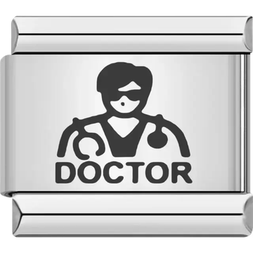 Black doctor figure with stethoscope above bold "DOCTOR" text Italian charm bracelet link