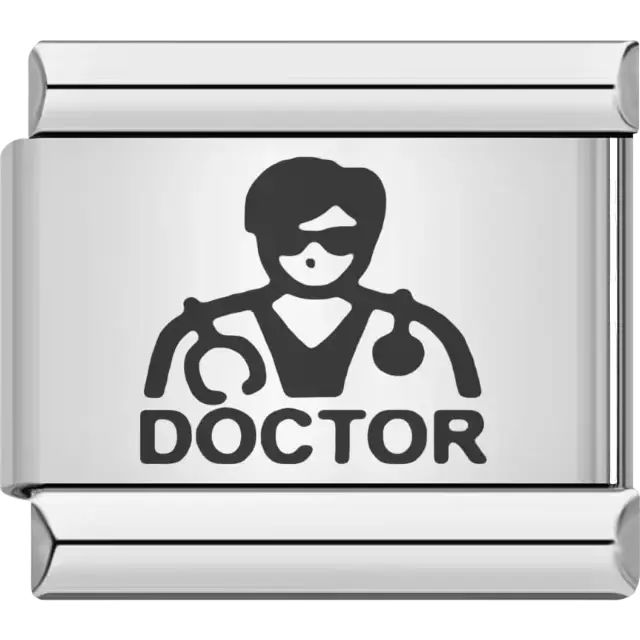 Black doctor figure with stethoscope above bold "DOCTOR" text Italian charm bracelet link