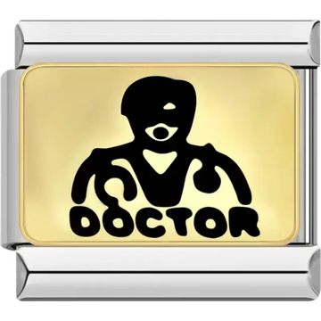 "DOCTOR" text with a bold medical figure and stethoscope design on a gold background Italian charm bracelet link