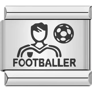 Black footballer figure kicking a ball above bold "FOOTBALLER" text Italian charm bracelet link