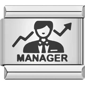 Black manager figure with upward trend arrows and bold "MANAGER" text Italian charm bracelet link
