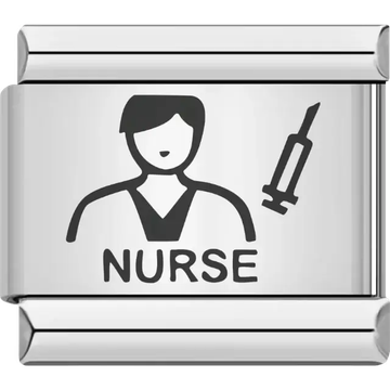 Black nurse figure with syringe above bold "NURSE" text Italian charm bracelet link