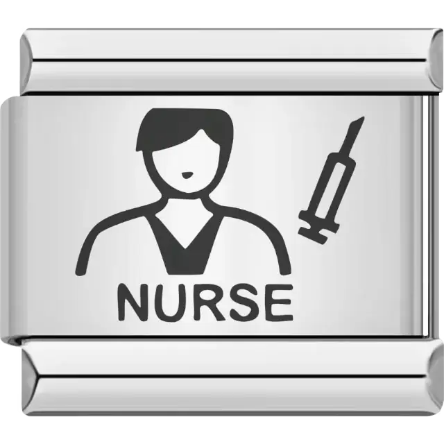 Black nurse figure with syringe above bold "NURSE" text Italian charm bracelet link