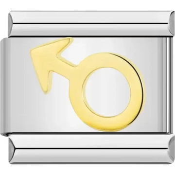 Gold-tone male symbol design featuring a circular base with an arrow Italian charm bracelet link