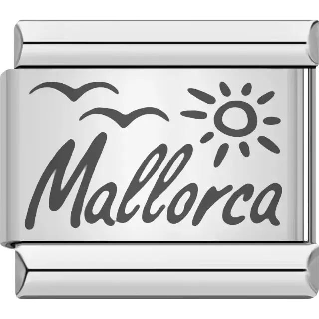 "Mallorca" with sun and flying birds in black lettering Italian charm bracelet link