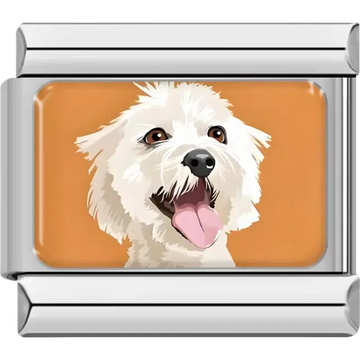 Maltese dog design featuring a shaggy white coat and a pink tongue Italian charm bracelet link
