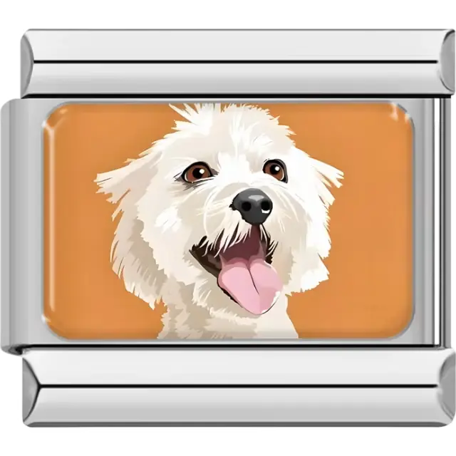 Maltese dog design featuring a shaggy white coat and a pink tongue Italian charm bracelet link