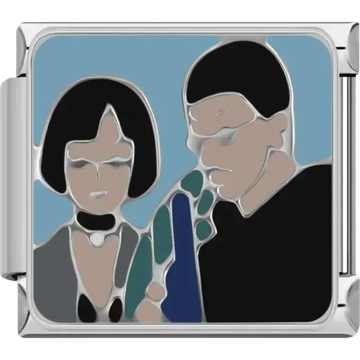 Man and woman with dark outfits and a gun design on a blue background Italian charm bracelet link