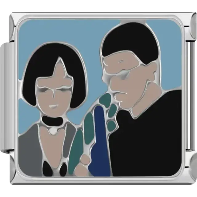 Man and woman with dark outfits and a gun design on a blue background Italian charm bracelet link