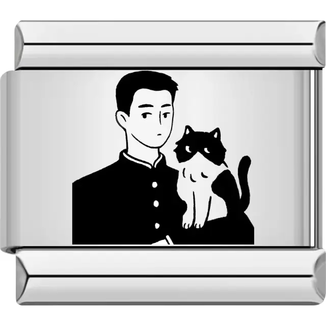 Black silhouette of a man in a buttoned shirt holding a black-and-white cat Italian charm bracelet link