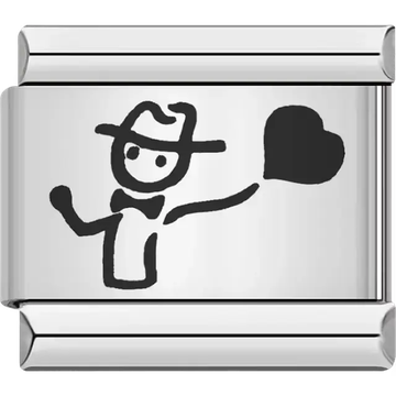 Man with hat and bowtie holding heart Italian charm bracelet link