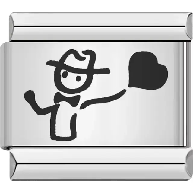 Man with hat and bowtie holding heart Italian charm bracelet link