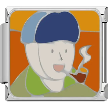 Inspired by the style of Van Gogh, featuring a man with a blue hat and pipe on an orange background Italian charm bracelet link