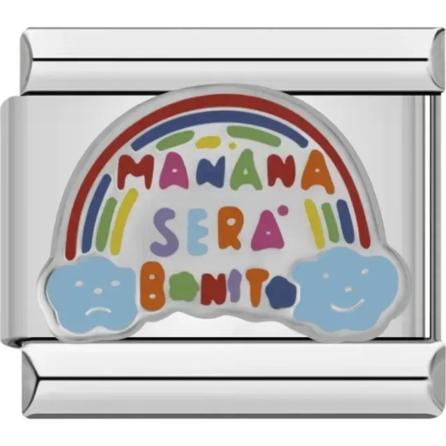 Rainbow with colorful “Manana Sera Bonito” text and smiling blue clouds Italian charm bracelet link