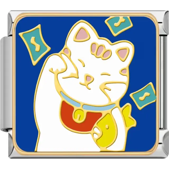 Maneki-neko design with white cat holding a gold fish and money on a blue background Italian charm bracelet link