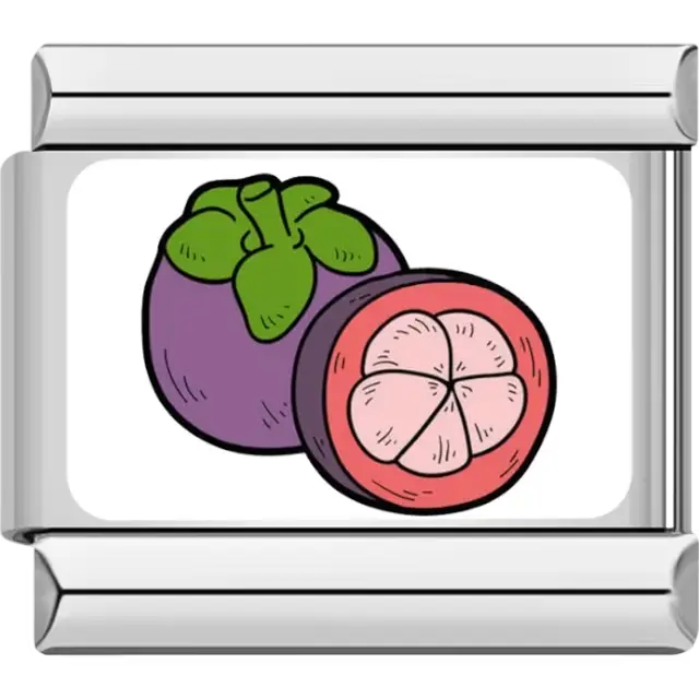Whole purple mangosteen with green leaves and a sliced half revealing white segments on a white background Italian charm bracelet link