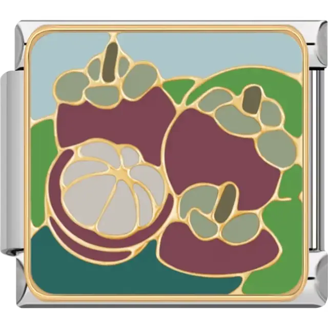 Purple mangosteens with green leaves and one open fruit Italian charm bracelet link