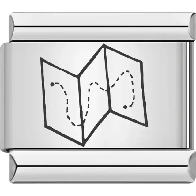 Black outline of a folded map with dotted route lines Italian charm bracelet link