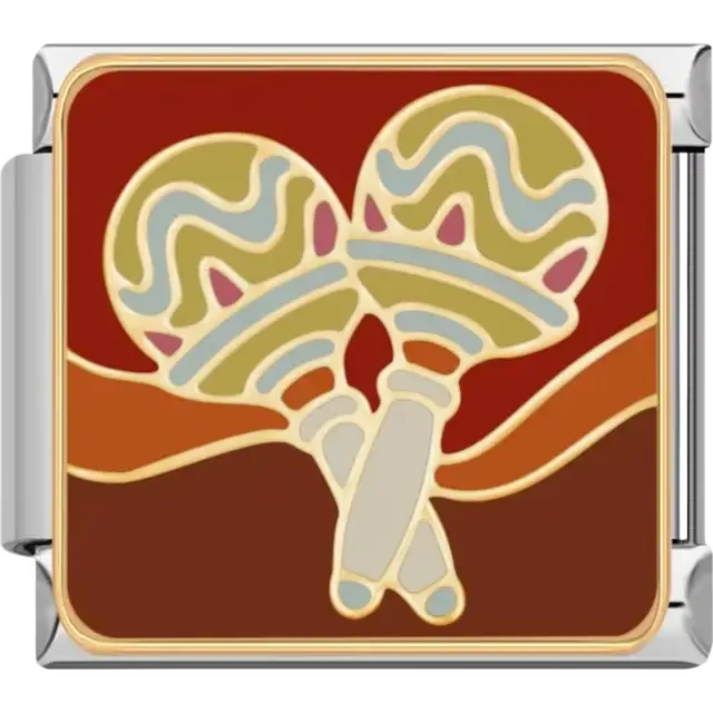 Pair of maracas with patterns in gold, blue, pink, and beige on a red and brown background Italian charm bracelet link