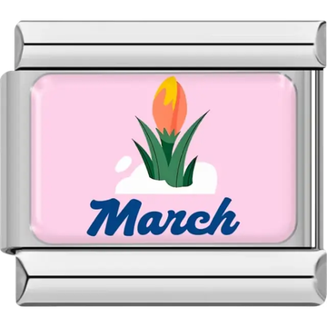 Orange and yellow flower with green leaves snow and "March" in blue on pink background Italian charm bracelet link