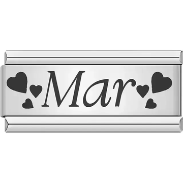 Black text spelling "Mar" surrounded by small and large black hearts Italian charm bracelet link