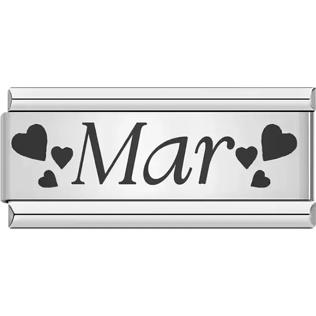 Black text spelling "Mar" surrounded by small and large black hearts Italian charm bracelet link