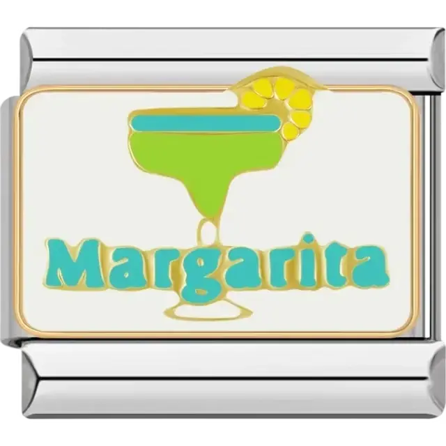 Lime green margarita glass with yellow lemon detail and blue "Margarita" text Italian charm bracelet link