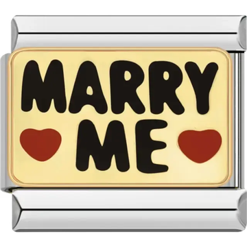 Black "MARRY ME" text with two red hearts on a gold background Italian charm bracelet link