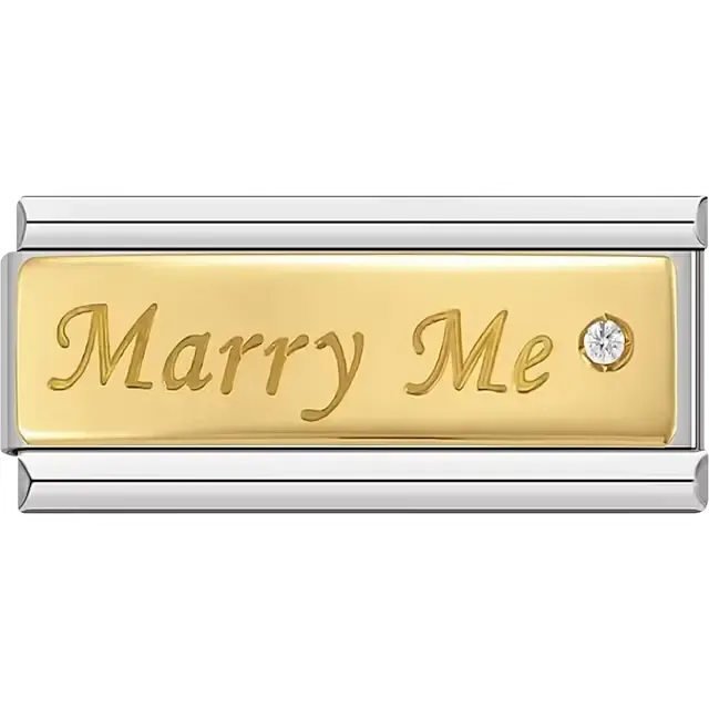 Gold plate with engraved "Marry Me" text and sparkling crystal accent Italian charm bracelet link