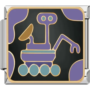 Purple and gold Mars rover with wheels and robotic arm on black background Italian charm bracelet link