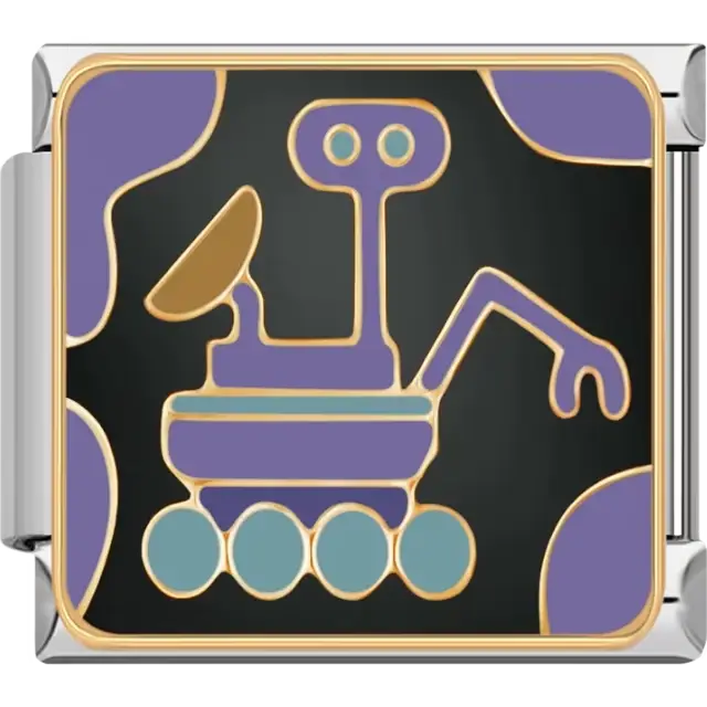 Purple and gold Mars rover with wheels and robotic arm on black background Italian charm bracelet link