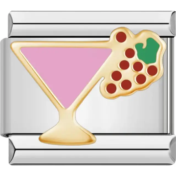 Pink martini glass design with gold grapes and green accents Italian charm bracelet link