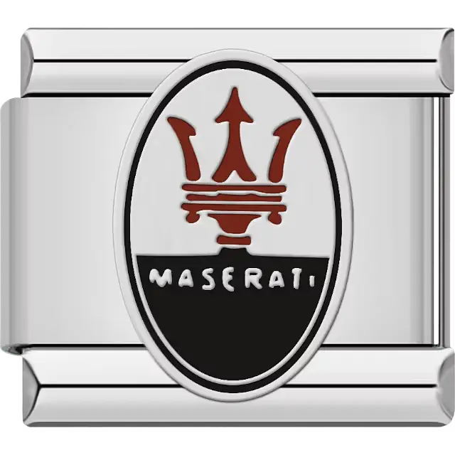 Red trident on black and white oval Maserati logo Italian charm bracelet link